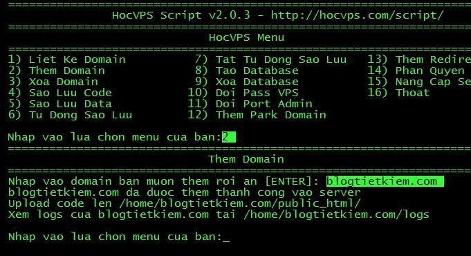 Giao diện menu quản trị của HocVPS Script