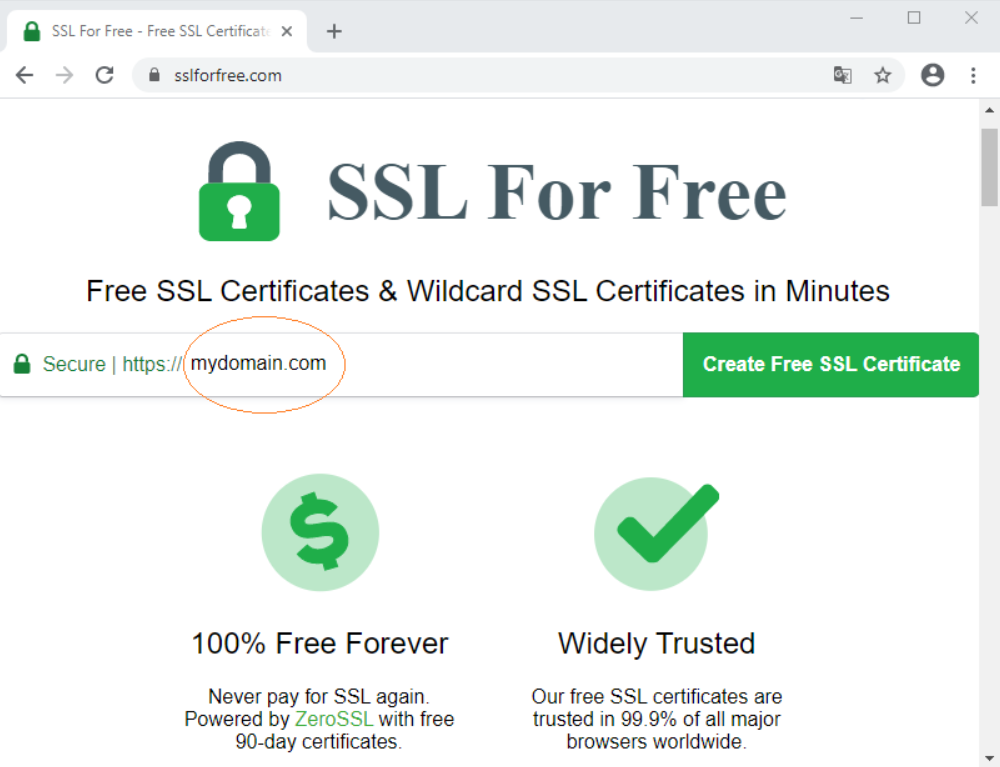 Nhập URL trang web của bạn và nhấn Create Free SSL Certificate