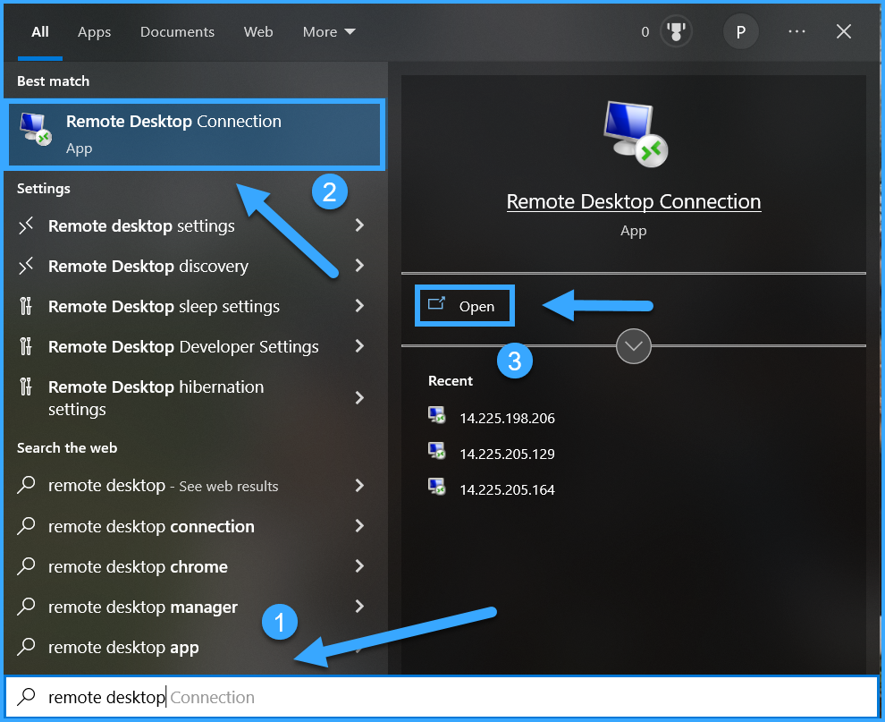 Start > Chọn Remote Desktop Connection