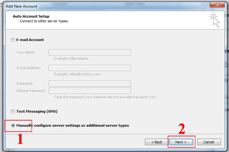Chọn Manually configure server settings or additional server types - Next