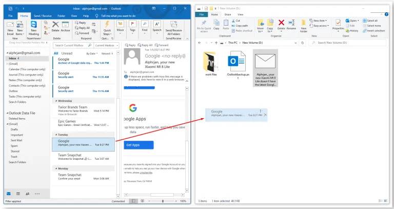 Kéo email muốn lưu từ Outlook vào thư mục.