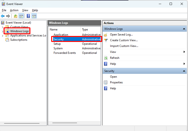 Windows Logs chọn Tab Security để kiểm tra lịch sử bảo mật VPS 