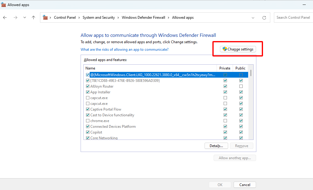 Nhấn Change settings