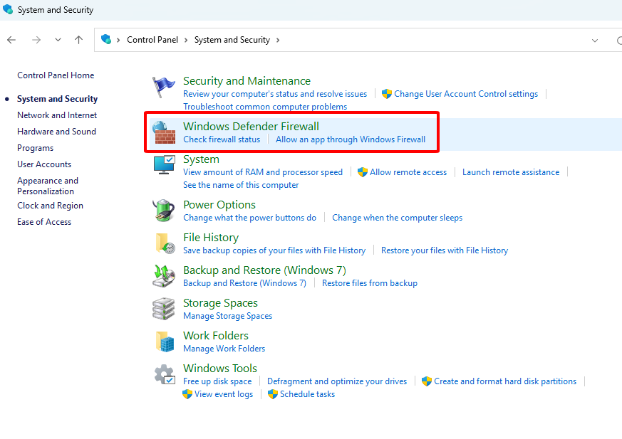 Chọn Windows Defender Firewall