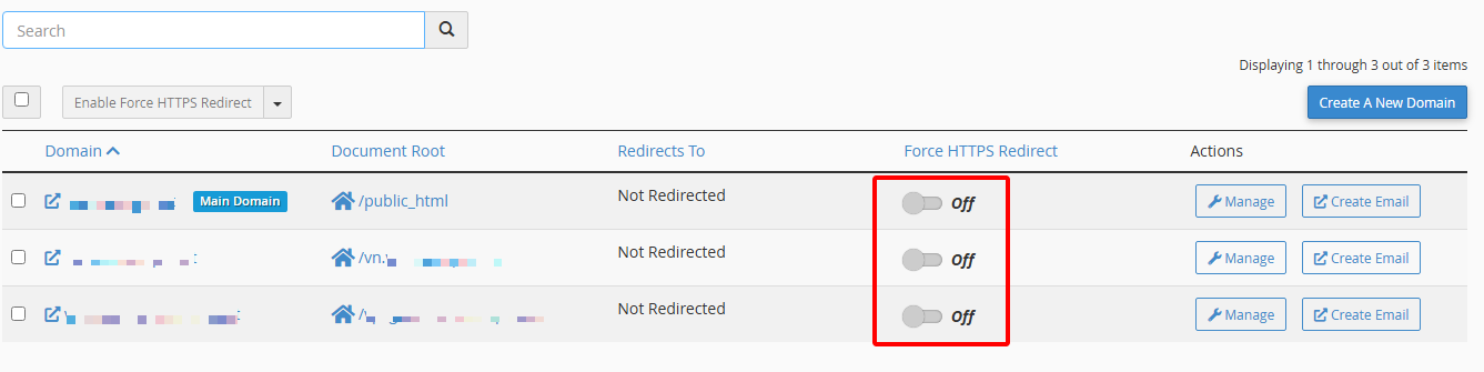 Tại cột Force HTTPS Redirect gạt thành ON