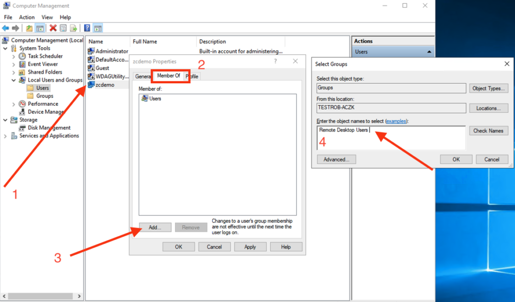 Thêm user vào nhóm Remote Desktop Users