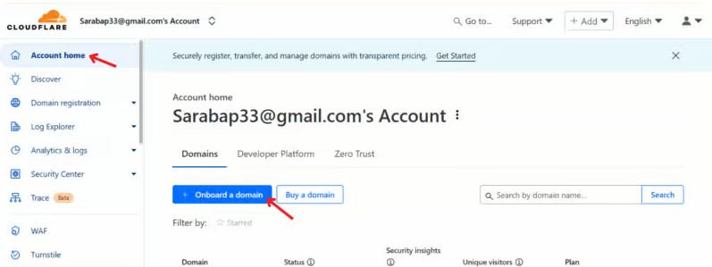 Vào Account Home chọn Add a Site và Onboard a domain