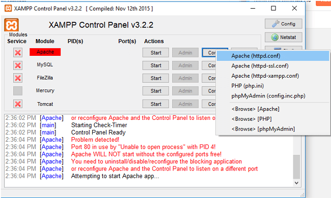 nhấp chuột vào config và chọn mục Apache